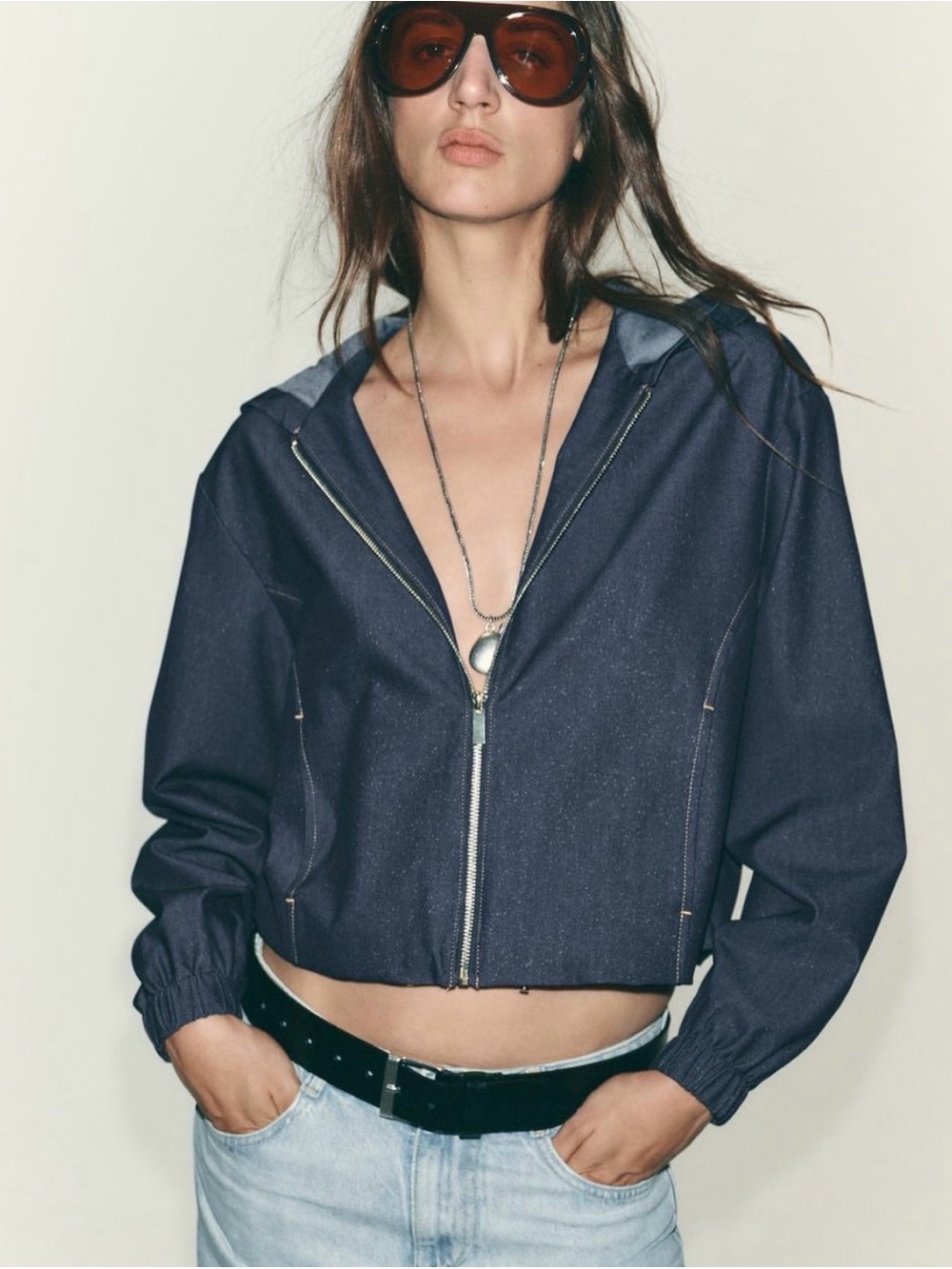 Zara Cropped Hooded Zip Up Lightweight Jean Streetwear Clean Girl Bomber 📐XL